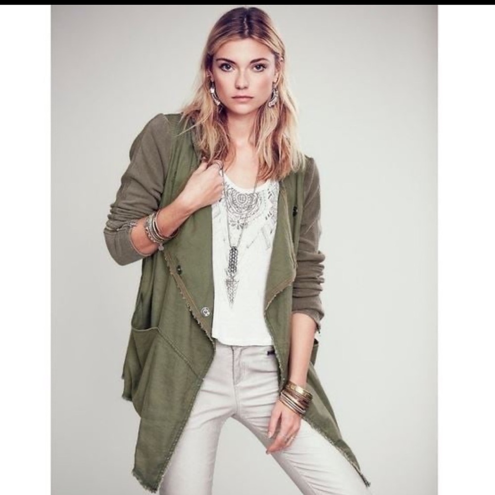 Free People Womens XS Drippy Linen Asymmetrical Snap Jacket with Hood, Moss